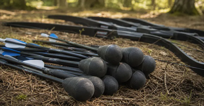 Partie d'Archery Tag en cours avec arcs et flèches à embout en caoutchouc