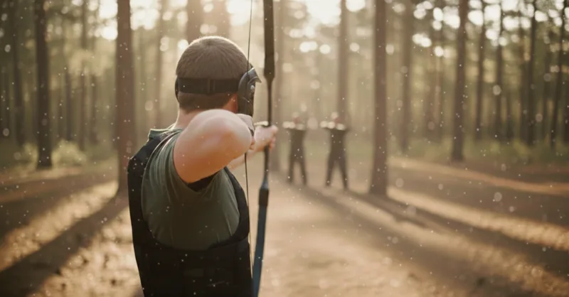 Archer bandant son arc face à ses adversaires lors d'une partie d'Archery Tag en forêt à Wavre
