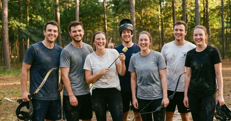 Groupe d'amis souriants posant avec leurs arcs après une session d'Archery Tag entre amis