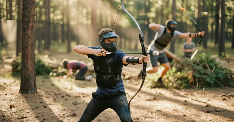 Partie d'Archery Tag en action sur le terrain forestier
