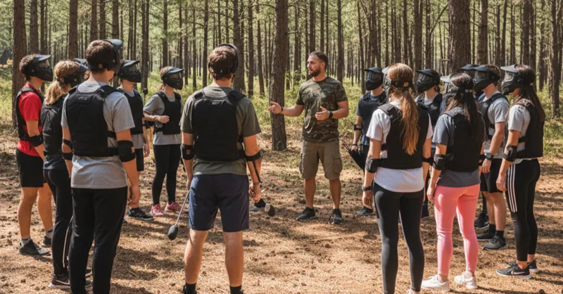 Groupe de jeunes équipés de plastrons écoutant le briefing avant une session d'Archery Tag en forêt