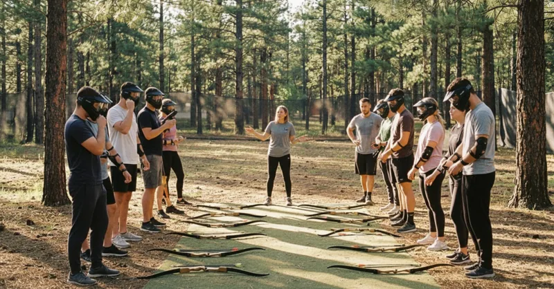 Équipe en cercle pendant le briefing d'un team building Archery Tag en forêt près de Bruxelles