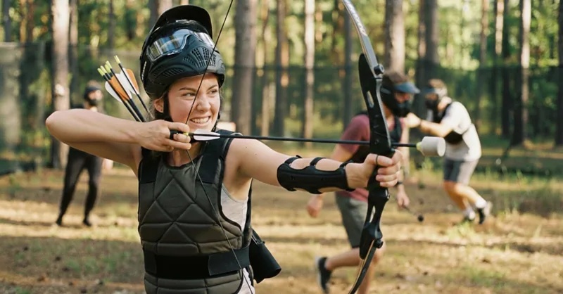 Joueuse d'Archery Tag souriante avec plastron et carquois bandant son arc pendant une partie en forêt à Wavre, près de Bruxelles
