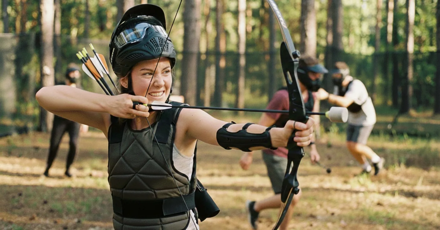 Joueuse d'Archery Tag souriante avec plastron et carquois bandant son arc pendant une partie en forêt à Wavre, près de Bruxelles