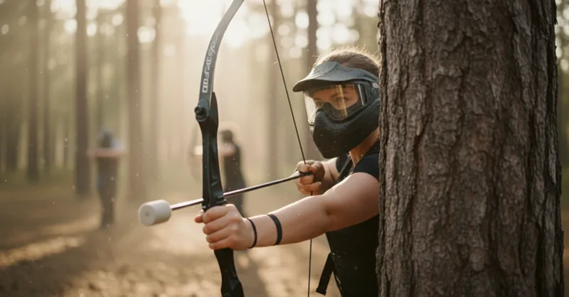 Joueur d'Archery Tag à couvert derrière un arbre, arc en main