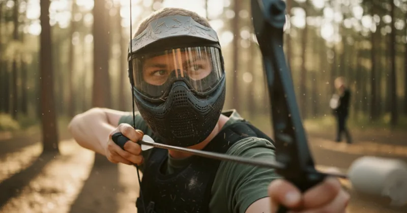 Masked Archery Tag player aiming his bow with a rubber-tipped arrow in the Wavre forest
