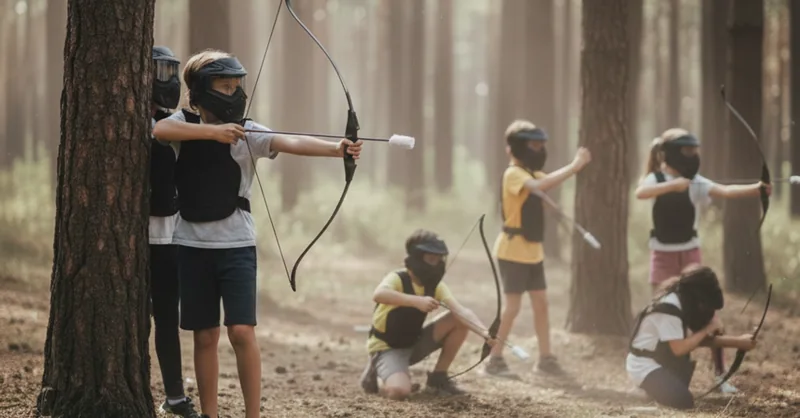Enfants équipés de plastrons et d'arcs adaptés pendant un anniversaire Archery Tag en forêt à Bierges
