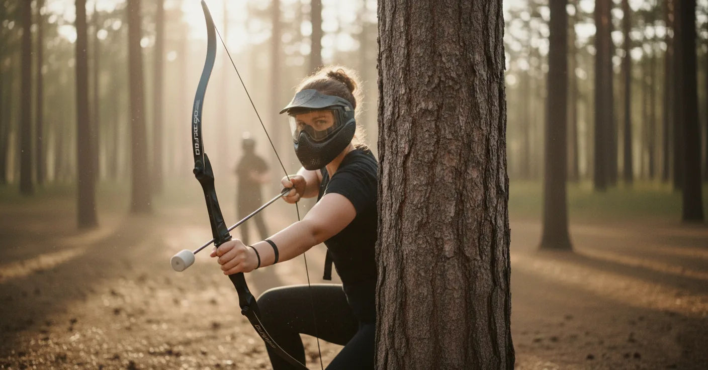 Joueuse d'Archery Tag à couvert derrière un arbre, arc en main, sur le terrain forestier de Bierges près de Bruxelles
