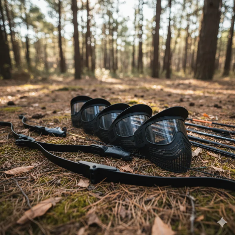 Masques intégraux et arcs d'Archery Tag alignés au sol sur le terrain forestier de Bierges