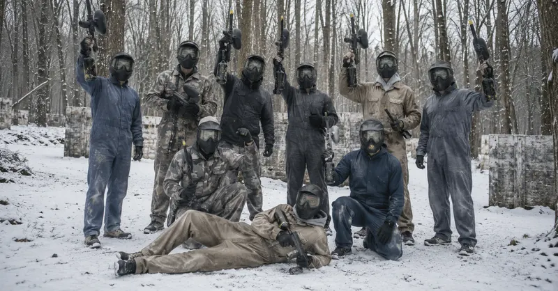 Équipe de joueurs de paintball en combinaison posant sur le terrain enneigé en hiver