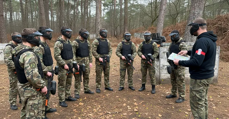 Groupe en combinaison camouflage écoutant le briefing sécurité de l'animateur avant la partie de paintball