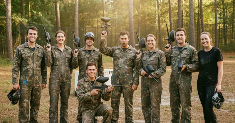 Groupe de joueurs de paintball levant leurs lanceurs après une victoire sur le terrain forestier