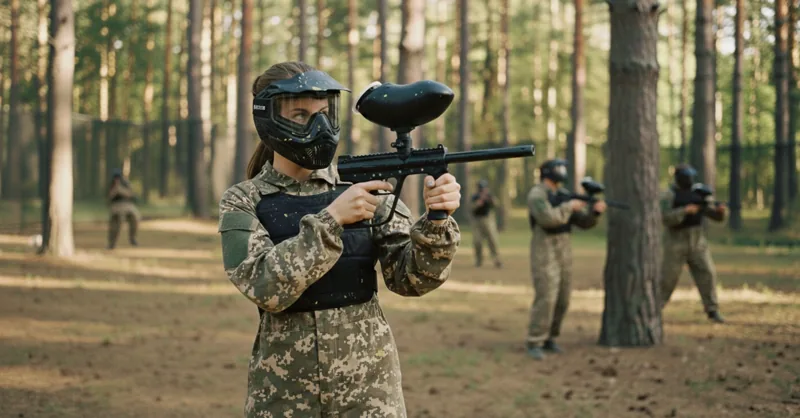 Joueuse de paintball visant avec son lanceur sur un terrain boisé de Tag Brussels à Wavre