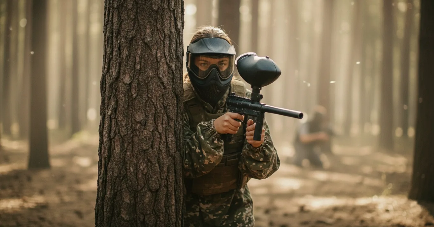 Joueuse de paintball en camouflage embusquée derrière un arbre, lanceur en main, sur le terrain forestier de Bierges près de Bruxelles