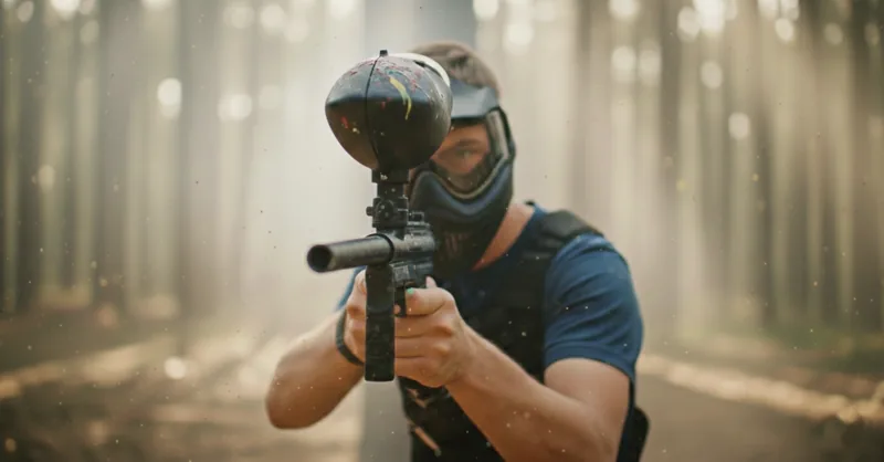 Joueur de paintball avec masque intégral visant sur le terrain forestier